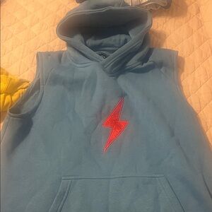 Blue Sleeveless Hoodie with Red Lightning Bolt
